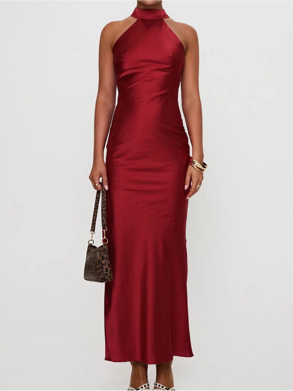 Sleeveless Burgundy Halter Satin Maxi Dress